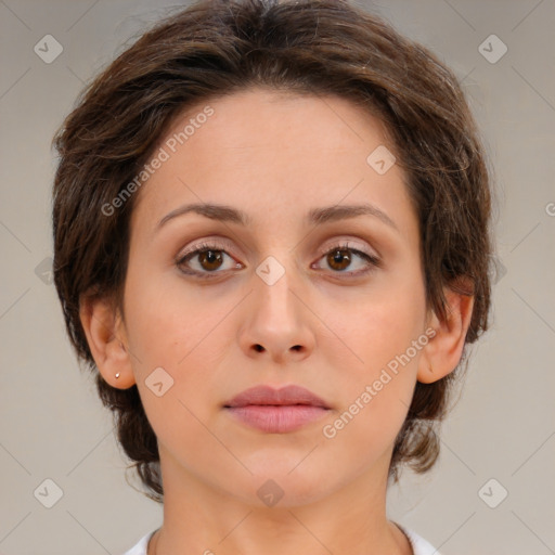 Neutral white young-adult female with medium  brown hair and brown eyes