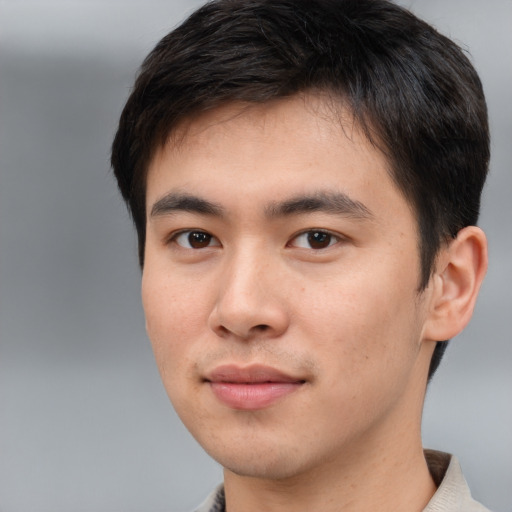 Neutral asian young-adult male with short  brown hair and brown eyes