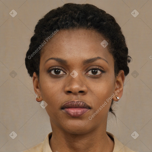 Neutral black young-adult female with short  black hair and brown eyes