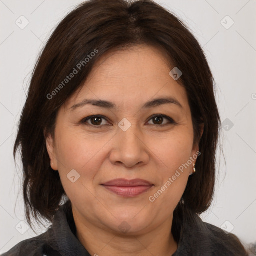 Joyful white adult female with medium  brown hair and brown eyes