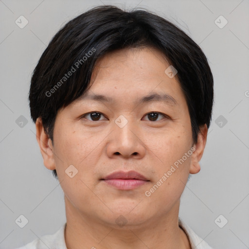 Neutral asian adult male with short  brown hair and brown eyes