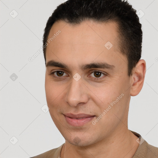 Joyful white young-adult male with short  brown hair and brown eyes