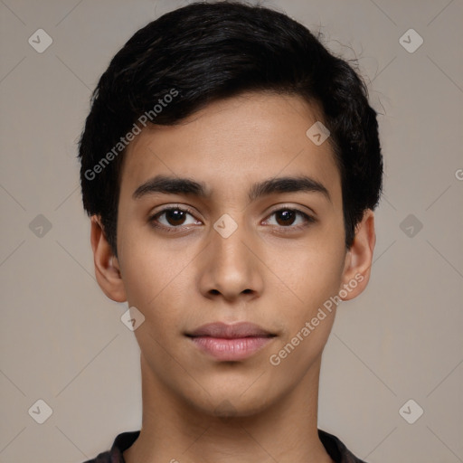 Neutral latino young-adult male with short  black hair and brown eyes