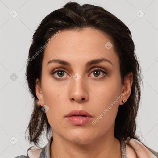 Neutral white young-adult female with medium  brown hair and brown eyes