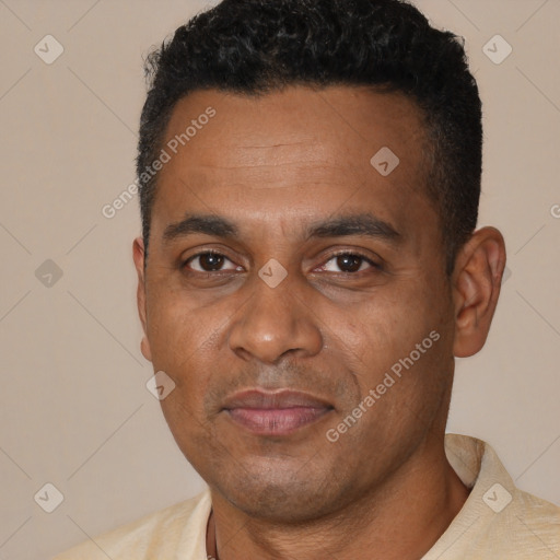 Joyful black adult male with short  brown hair and brown eyes