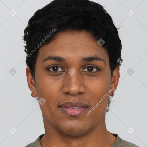 Joyful black young-adult female with short  black hair and brown eyes