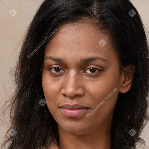 Joyful latino young-adult female with long  brown hair and brown eyes