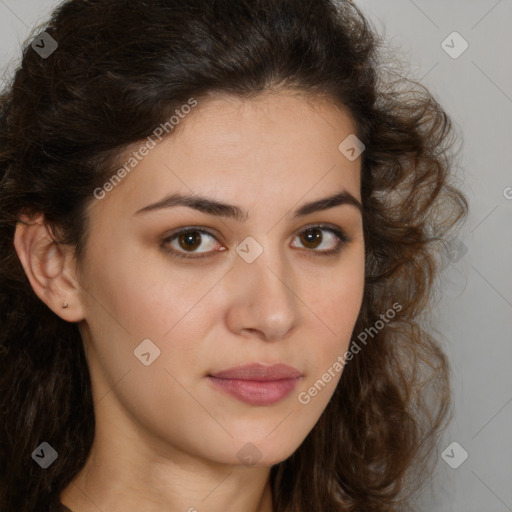 Neutral white young-adult female with long  brown hair and brown eyes