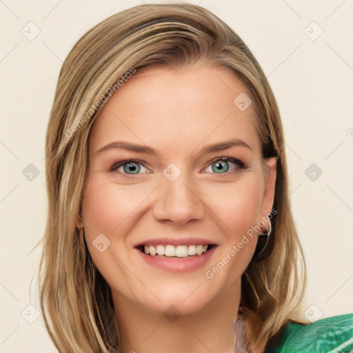 Joyful white young-adult female with medium  brown hair and green eyes