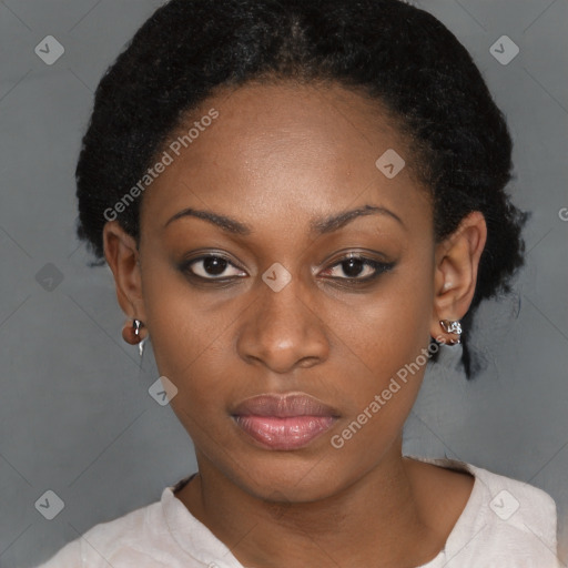 Neutral black young-adult female with short  black hair and brown eyes