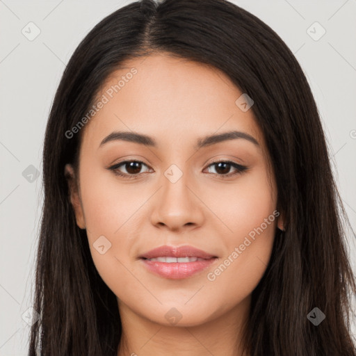 Joyful white young-adult female with long  black hair and brown eyes