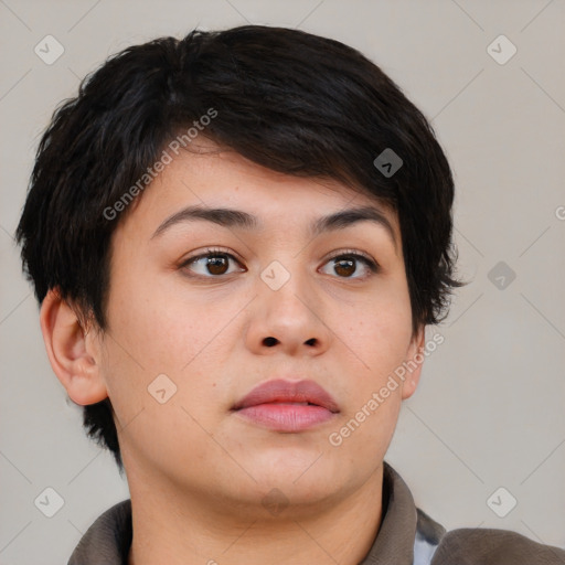 Neutral asian young-adult female with short  brown hair and brown eyes