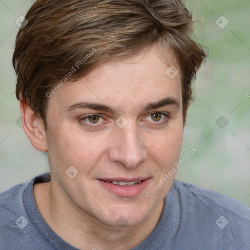 Joyful white adult female with short  brown hair and grey eyes