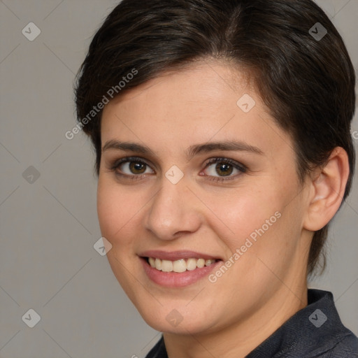 Joyful white young-adult female with medium  brown hair and brown eyes