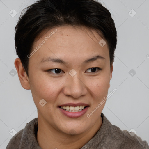 Joyful asian young-adult female with short  brown hair and brown eyes