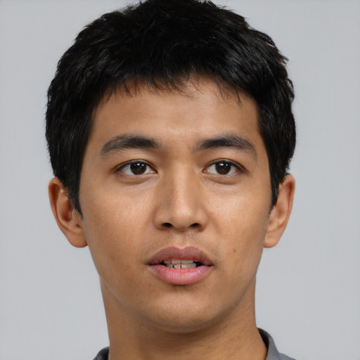 Neutral asian young-adult male with short  black hair and brown eyes