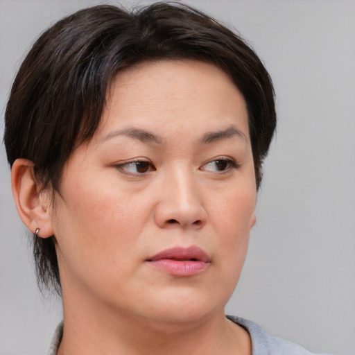 Neutral asian young-adult female with short  brown hair and brown eyes