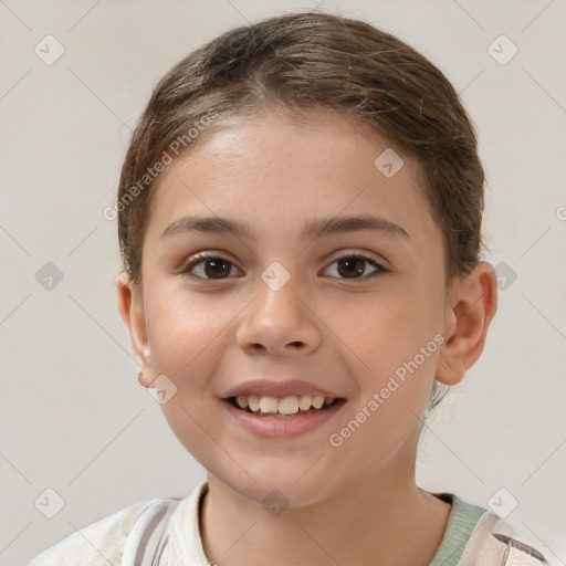 Joyful white child female with short  brown hair and brown eyes