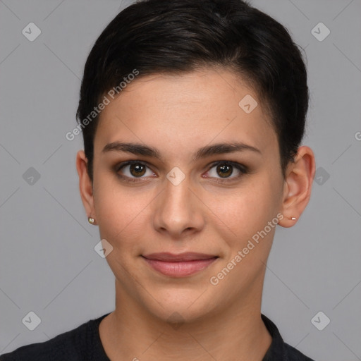 Joyful white young-adult female with short  brown hair and brown eyes