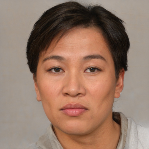 Neutral asian adult female with short  brown hair and brown eyes