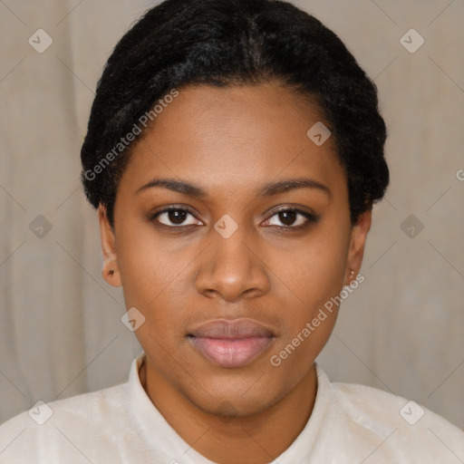 Joyful latino young-adult female with short  black hair and brown eyes