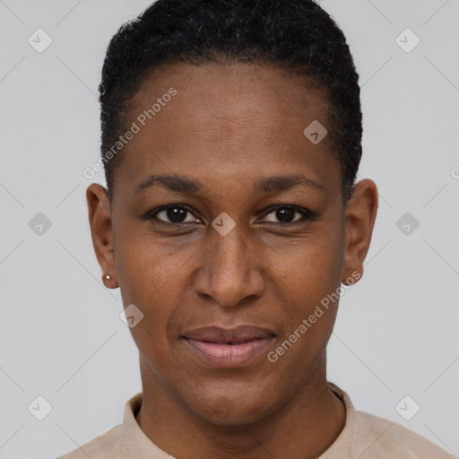 Neutral black young-adult female with short  black hair and brown eyes