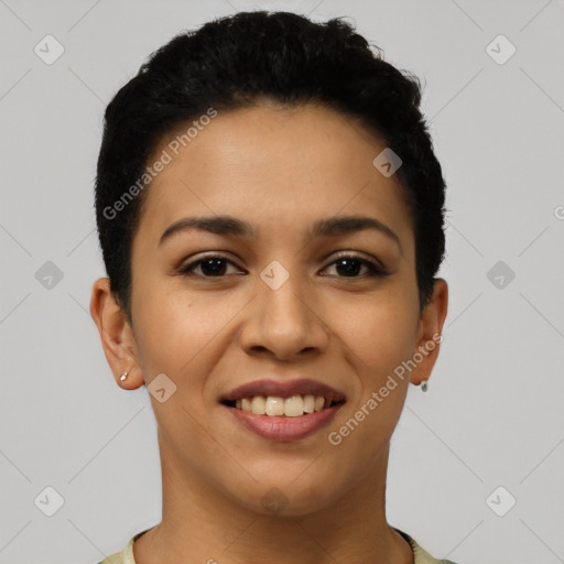 Joyful latino young-adult female with short  black hair and brown eyes