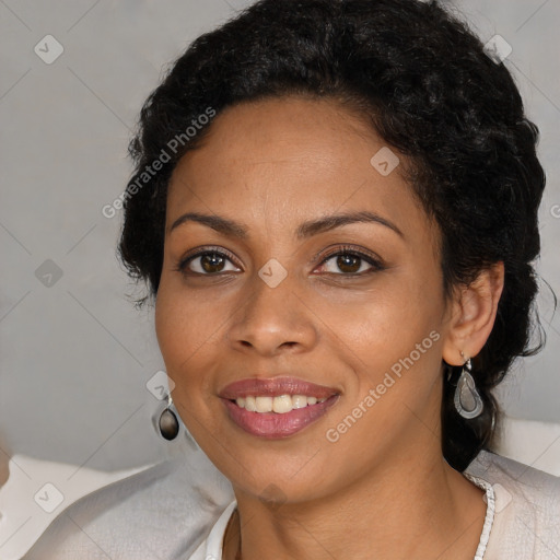 Joyful latino young-adult female with short  black hair and brown eyes