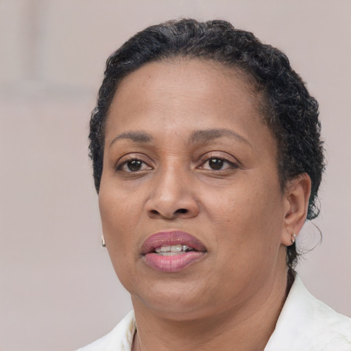 Joyful latino adult female with short  brown hair and brown eyes