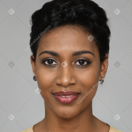 Joyful black young-adult female with short  black hair and brown eyes