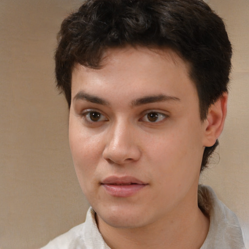 Neutral white young-adult female with short  brown hair and brown eyes