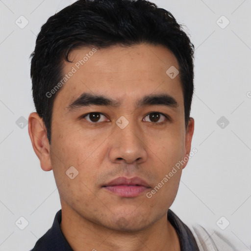 Neutral asian young-adult male with short  black hair and brown eyes