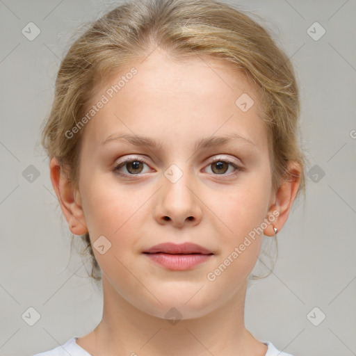 Joyful white child female with medium  brown hair and brown eyes