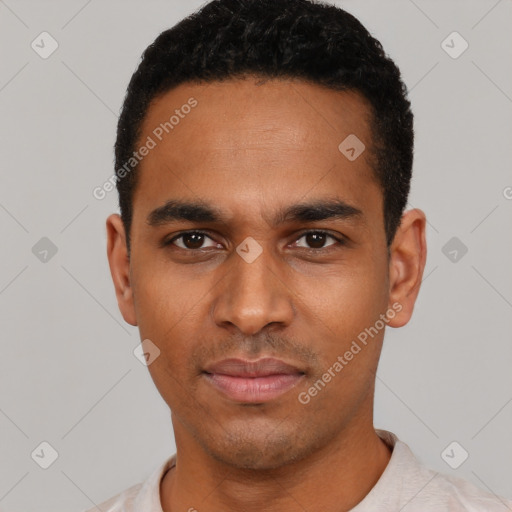 Neutral latino young-adult male with short  black hair and brown eyes