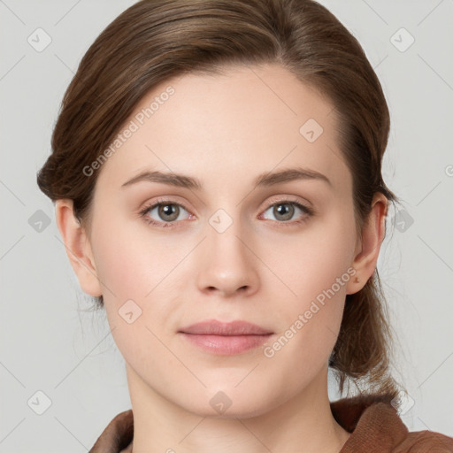 Neutral white young-adult female with medium  brown hair and grey eyes