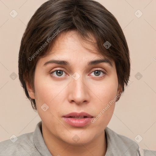 Neutral white young-adult female with short  brown hair and brown eyes