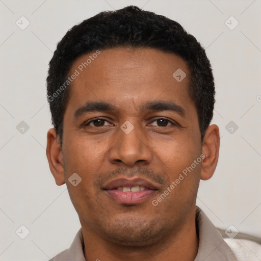 Neutral latino young-adult male with short  black hair and brown eyes
