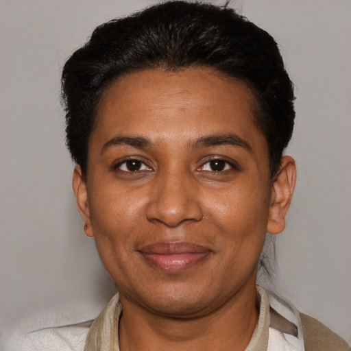 Joyful black adult female with short  black hair and brown eyes