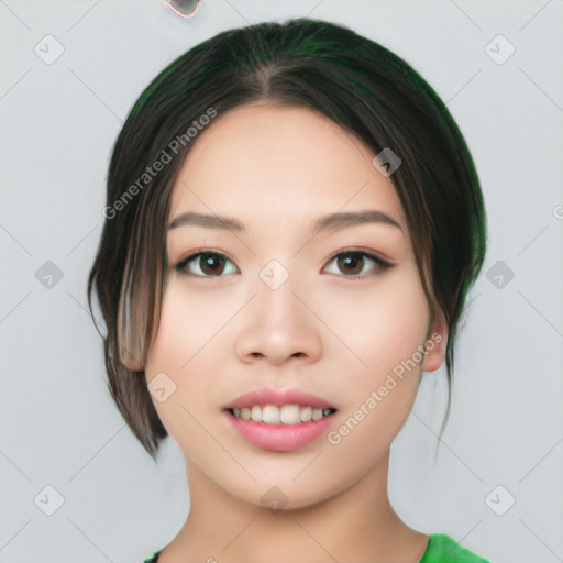 Joyful white young-adult female with medium  black hair and brown eyes