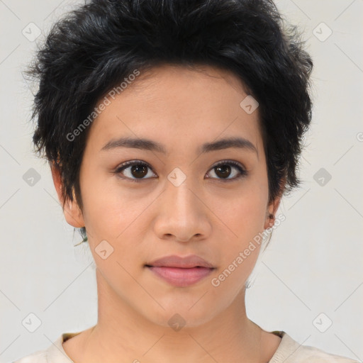 Neutral asian young-adult female with short  brown hair and brown eyes