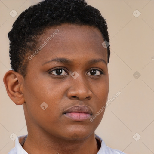 Neutral black young-adult female with short  brown hair and brown eyes