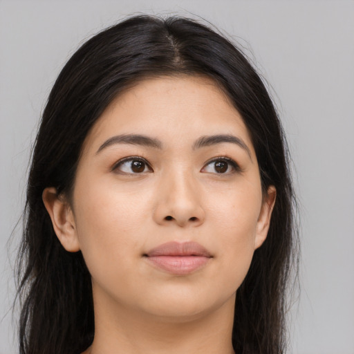 Neutral asian young-adult female with long  brown hair and brown eyes