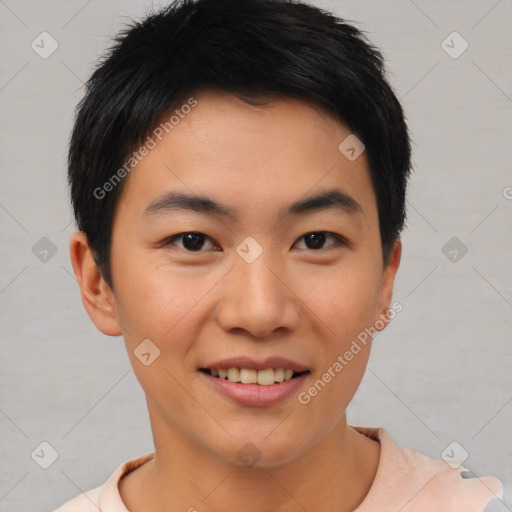 Joyful asian young-adult male with short  black hair and brown eyes