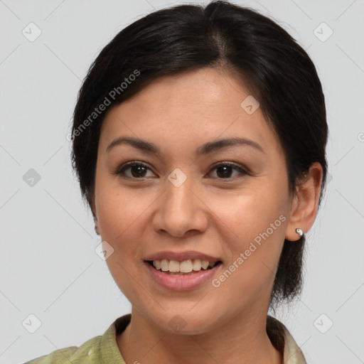 Joyful white young-adult female with medium  brown hair and brown eyes