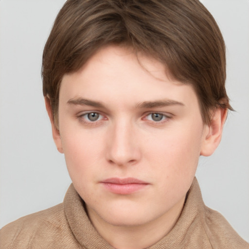 Neutral white young-adult female with short  brown hair and grey eyes