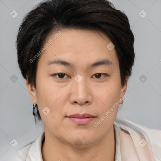 Joyful asian young-adult female with short  brown hair and brown eyes