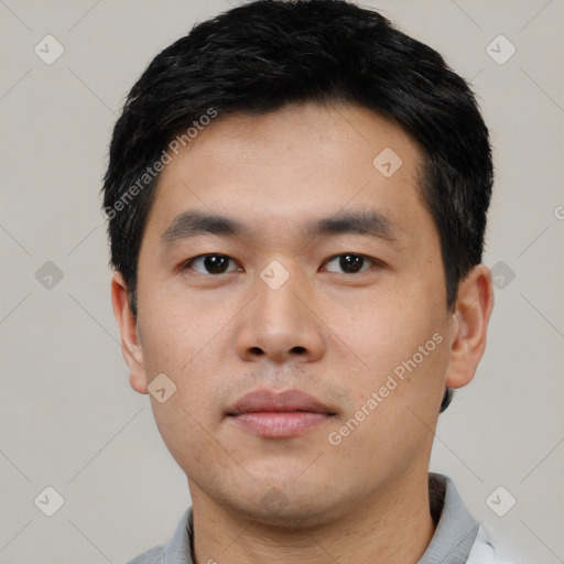 Neutral asian young-adult male with short  black hair and brown eyes