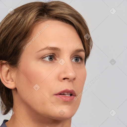 Neutral white young-adult female with medium  brown hair and brown eyes