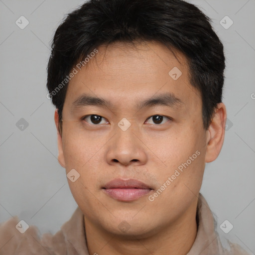 Neutral asian young-adult male with short  brown hair and brown eyes