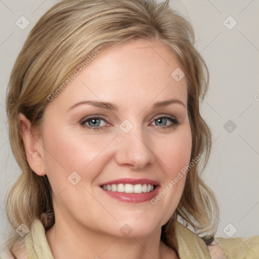 Joyful white young-adult female with medium  brown hair and blue eyes